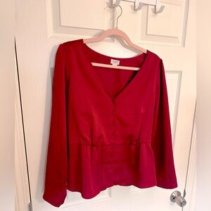 (J. Crew) Ruby red silky long sleeve peplum top, Size 12